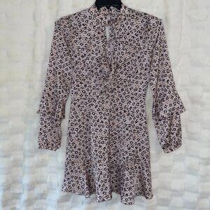 NWT Aves Les Filles Pink Leopard Dress Sz 2 Long Sleeve Keyhole Design Ruffle
